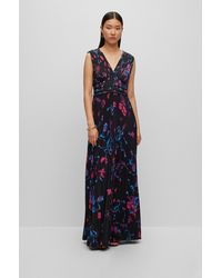 BOSS - Floral V-neck Maxi Dress In Pleated Crinkle Crepe - Lyst