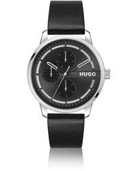 HUGO - Horloge Van Roestvrij Staal Met Zwarte Wijzerplaat En Leren Polsband - Lyst