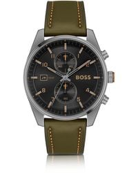 BOSS - Black-dial Chronograph Watch With Green Leather Strap - Lyst