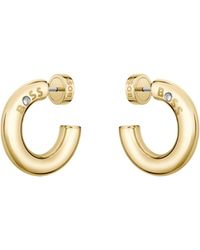 BOSS - Tone Hoop Earrings With Logo Detail - Lyst