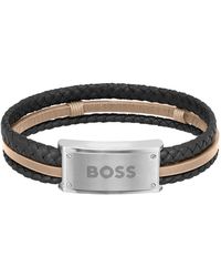 BOSS by HUGO BOSS - Armband Van Zwart En Camelkleurig Leer Met Logoplaatje - Lyst