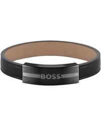 BOSS - Leather Cuff With Metal Enamel-filled-logo Plate - Lyst
