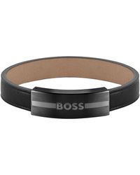 BOSS - Leather Cuff With Metal Enamel-filled-logo Plate - Lyst