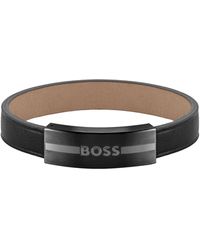 BOSS - Leather Cuff With Metal Enamel-filled-logo Plate - Lyst