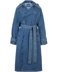 HUGO - Trench Coat In Blue Denim With Branded Trims - Lyst