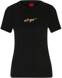 HUGO - T-shirt Van Katoenen Jersey Met Handgeschreven Logo In Metallic-look - Lyst