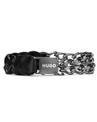 HUGO Armband Met Logo, Gevlochten Leer En Robuuste Schakelketting - Zwart