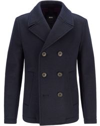 BOSS Double-breasted Felt Pea Coat With Mesh Lining - Blue