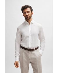 BOSS - Long-length Regular-fit Button-down Shirt In Linen - Lyst
