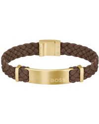 BOSS - Brown-suede Braided Cuff With Logo Plate - Lyst