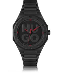 HUGO - Montre noire à bracelet en silicone et cadran à logo revisité - Lyst