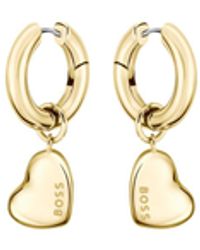 BOSS - Tone Huggie Hoop Earrings With Heart Charms - Lyst
