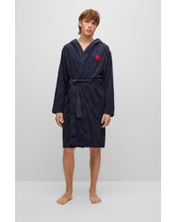 HUGO Cotton-blend Hooded Dressing Gown With Stacked Logos - Blue