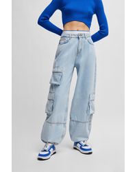 HUGO - Loose-fit Cargo Jeans In Aqua Cotton Denim - Lyst