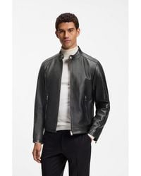 BOSS - Grained-Leather Jacket With Logo Trims - Lyst
