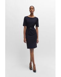 BOSS - Virgin-wool Slim-fit Dress With Belt Detail - Lyst
