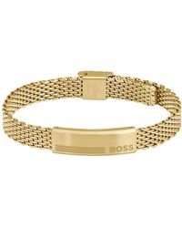 BOSS - Gold-tone Mesh Cuff With Logo Plate - Lyst