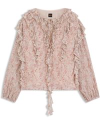 BOSS - Regular-Fit Blouse Van Crêpe Georgette Met Print En Ruches - Lyst
