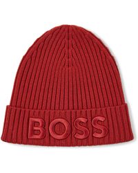 Femme Chapeaux Chapeaux BOSS by HUGO BOSS Bonnet côtelé en laine vierge avec logo brodé Laines BOSS by HUGO BOSS en coloris Rouge 