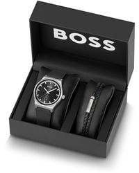 BOSS - Uhr mit schwarzem Zifferblatt und geflochtenes Lederarmband in der Geschenkbox - Lyst