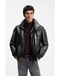 BOSS - Padded Leather Bomber Jacket With Flap Pockets - Lyst