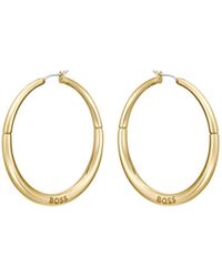BOSS - Gold-tone Hoop Earrings With Branding - Lyst