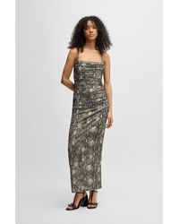 HUGO - Corset-Bodice Dress With Gathered Mesh Overlay - Lyst