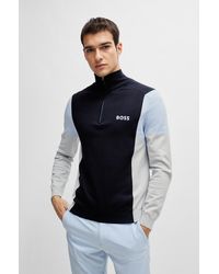 BOSS - Cotton-blend Zip-neck Sweater With Embroidered Logos - Lyst