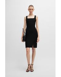 BOSS - Square-neck Dress In Stretch Material With Front Slit - Lyst