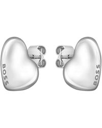 BOSS - Heart-shape Silver-tone Earrings With Logo Details - Lyst