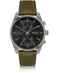 BOSS - Montre chronographe avec cadran noir et bracelet en cuir vert - Lyst