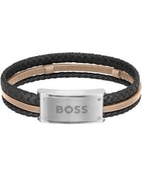 BOSS - Logo-plate Cuff In Black And Camel Leather - Lyst