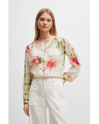 BOSS - Printed Blouse In Crinkle Crepe With Frilled Trim - Lyst