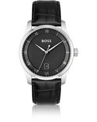 BOSS - Uhr mit gemustertem schwarzem Zifferblatt und Lederarmband - Lyst