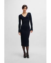 BOSS - Long-sleeved Knitted Dress With Ribbed Structure And V Neckline - Lyst