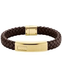 BOSS - Braided-Leather Cuff With-Tone Logo Plate - Lyst