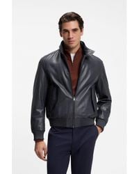 BOSS - Padded Leather Jacket With Stand Collar - Lyst