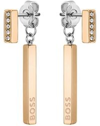 BOSS - Gold-tone Bar Earrings With Crystals And Logos - Lyst