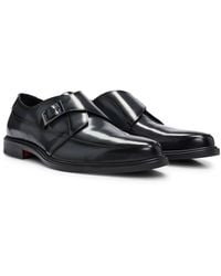 HUGO - Leather Monk Shoes With Stacked-logo Trim - Lyst