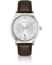 BOSS - Three-hand Watch With Brown Leather Strap - Lyst