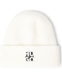 HUGO Knitted Beanie Hat With Stacked Logo - White
