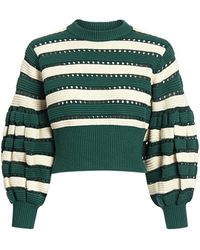 Self-Portrait Balloon Sleeve Striped Cropped Sweater - Green