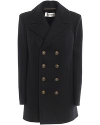 Saint Laurent Wool Felt Straight Hem Pea Coat - Black