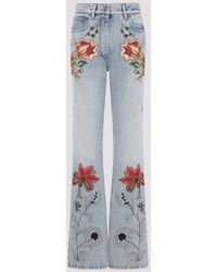 Valentino - Light Wash Denim Cotton Embroidered Flowers 5 Pockets Jeans - Lyst