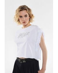 Imperial - T-shirt pur coton imprimé à strass et ruches - Lyst