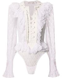 Faith Connexion Lace-up Ruffled Lace Bodysuit - White