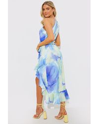 Perrie Sian - Racer Neck Abstract Print Satin Frill Belted Midaxi Dress - Lyst