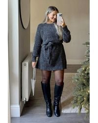 In The Style - Lurex Chenille Belted Jumper Dress - Lyst