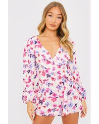 Perrie Sian - Floral Print Twist Front Balloon Sleeve Playsuit - Lyst