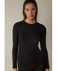 Intimissimi Long Sleeve Crewneck Top In Plush Modal With Cashmere - Black